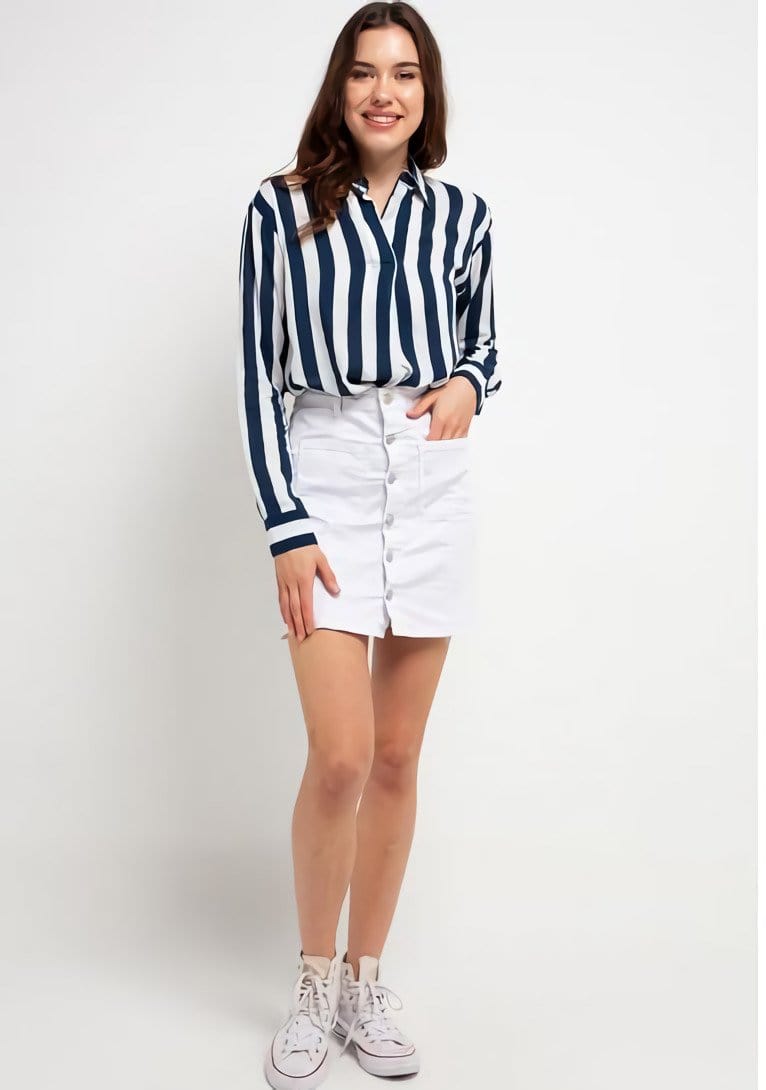 Nade Japan FT094 WFL Women Flanel Long Ver Stripe white-navy