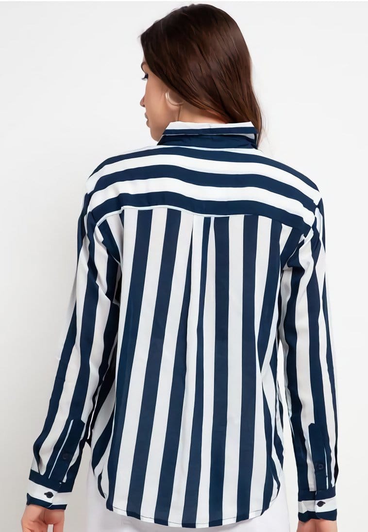 Nade Japan FT094 WFL Women Flanel Long Ver Stripe white-navy