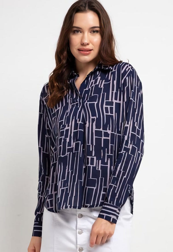 Nade Japan FT096 WFL Women Flanel Long  Line Abstrak White-Navy