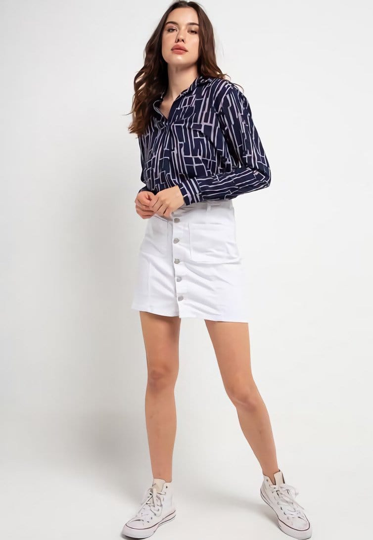 Nade Japan FT096 WFL Women Flanel Long  Line Abstrak White-Navy