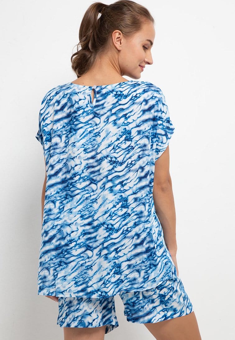 Nade Japan FT060 AMS Baju Tidur Tie Dye Marmer Wanita Set Baju Celana Tidur Biru