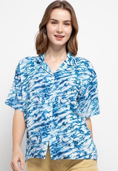 Nade Japan FTA38 VCS Ladies kemeja rayon tie dye marmer kerah 2-in-2 kemeja piyama wanita biru