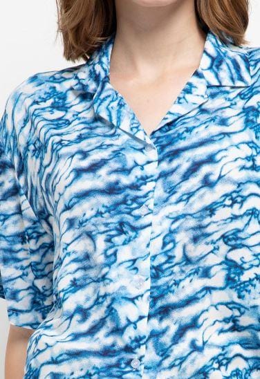 Nade Japan FTA38 VCS Ladies kemeja rayon tie dye marmer kerah 2-in-2 kemeja piyama wanita biru