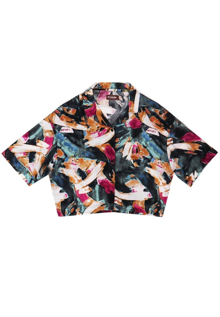 Nade Japan FTA54 LKM Kemeja Oversize Wanita Tangan Pendek Abstrak Tosca