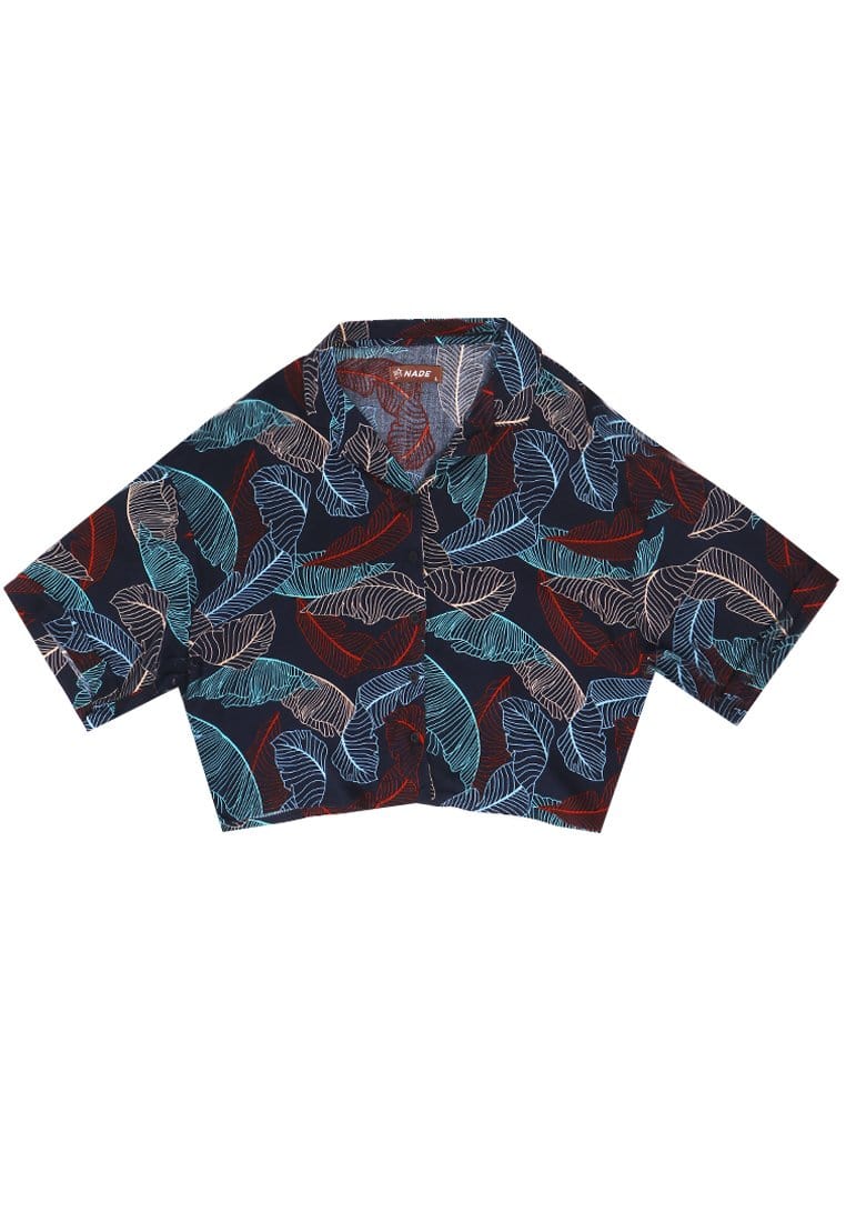 Nade Japan FTA55 LKM Kemeja Oversize Wanita Tangan Pendek Daun Navy