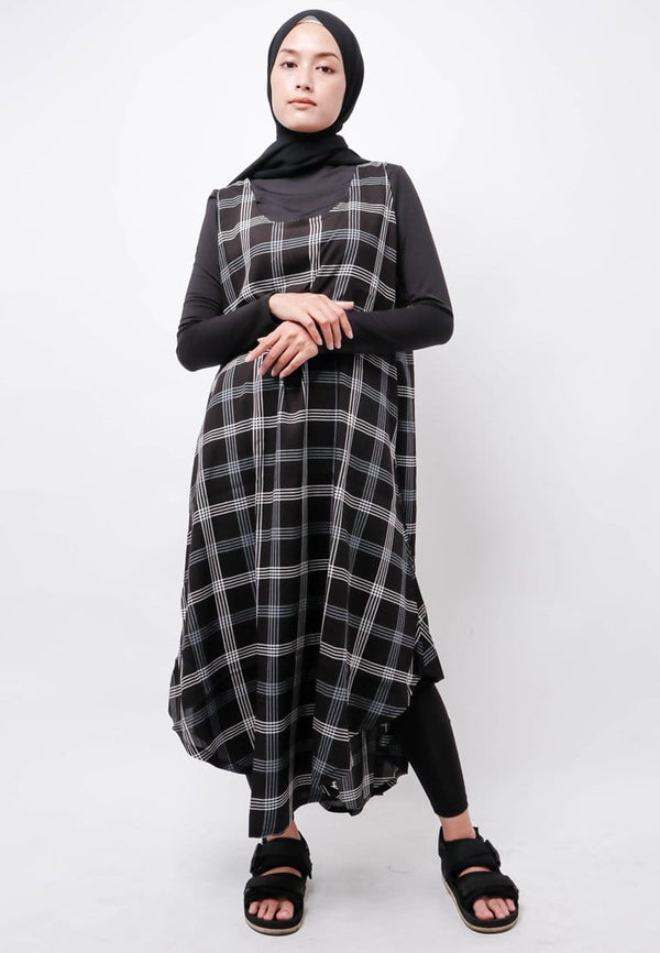 Nade Japan FTA67 LKDR Kutung Dress Wanita Kotak Hitam Abu