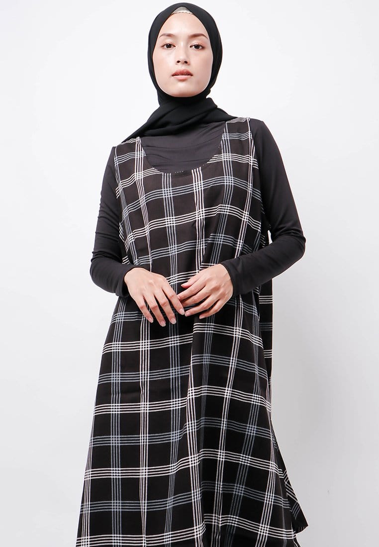 Nade Japan FTA67 LKDR Kutung Dress Wanita Kotak Hitam Abu