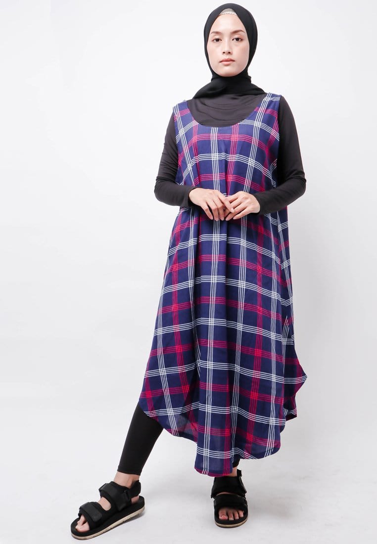 Nade Japan FTA68 LKDR Kutung Dress Wanita Kotak Navy Abu