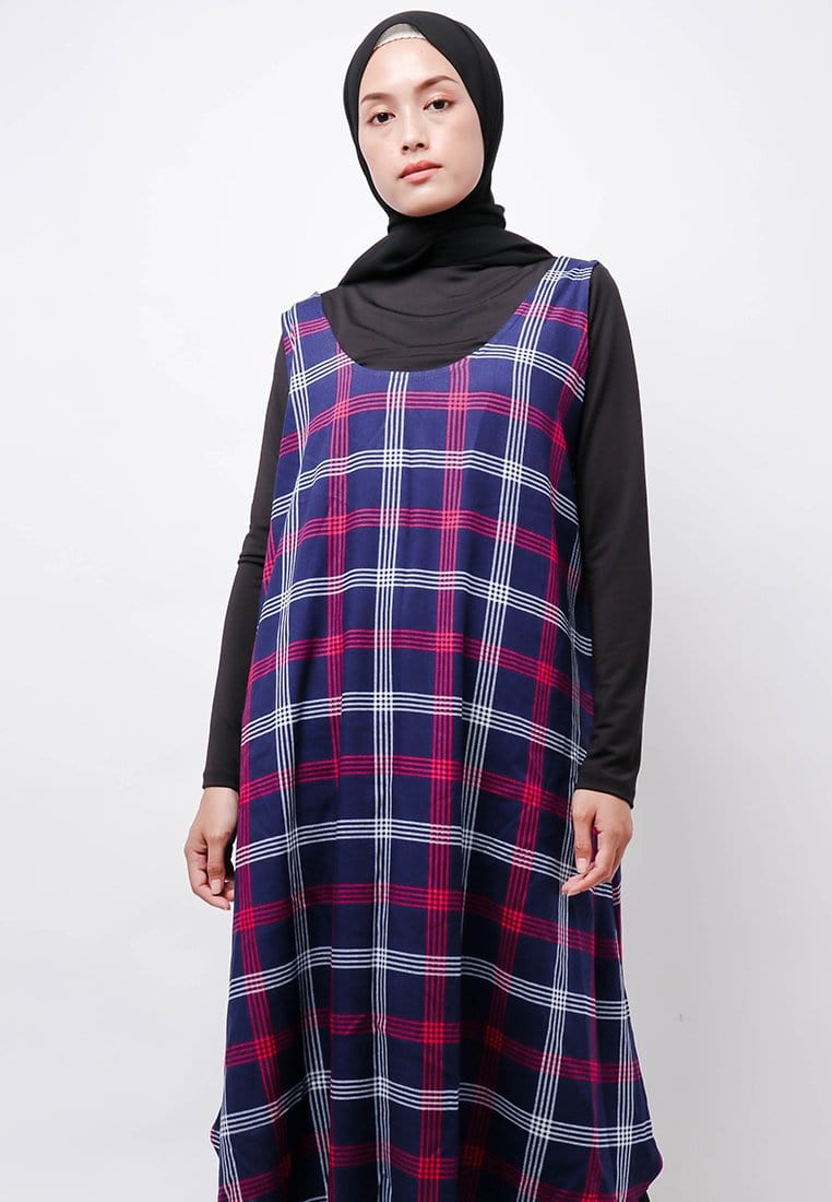 Nade Japan FTA68 LKDR Kutung Dress Wanita Kotak Navy Abu