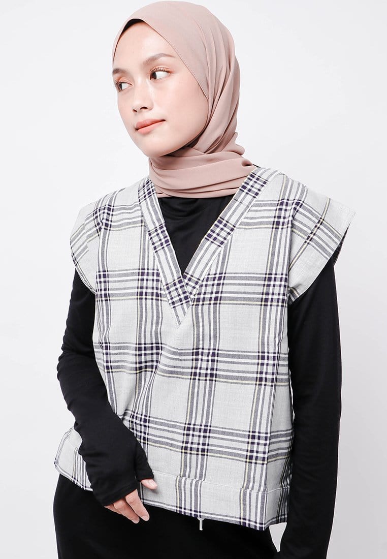 Nade Japan FTA69 Rompi Outer Wanita Vest Lucu Flanel Tartan Abu Muda Krem