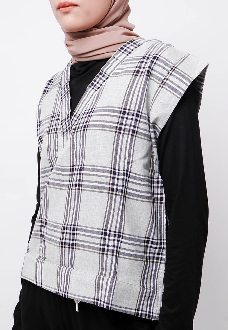 Nade Japan FTA69 Rompi Outer Wanita Vest Lucu Flanel Tartan Abu Muda Krem