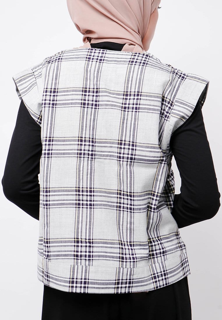 Nade Japan FTA69 Rompi Outer Wanita Vest Lucu Flanel Tartan Abu Muda Krem