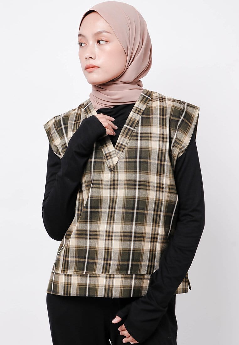 Nade Japan FTA70 Rompi Outer Wanita Vest Lucu Flanel Tartan Coklat Hitam