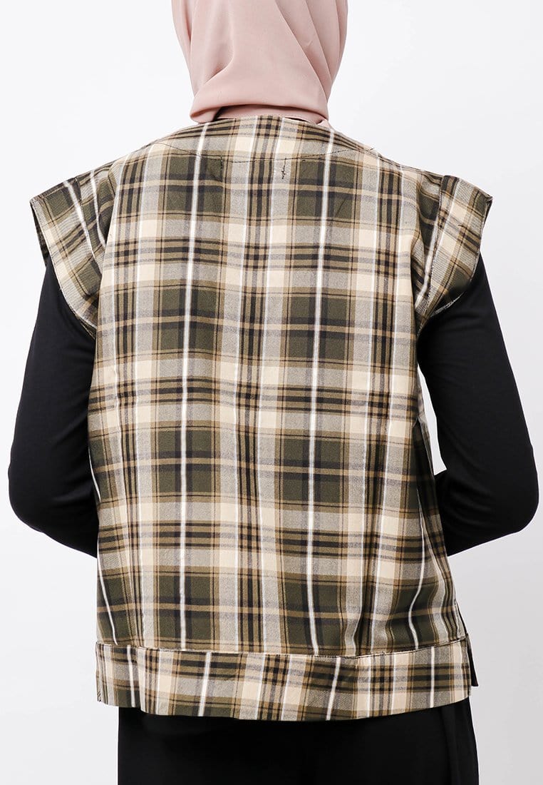 Nade Japan FTA70 Rompi Outer Wanita Vest Lucu Flanel Tartan Coklat Hitam