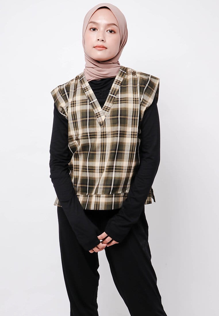 Nade Japan FTA70 Rompi Outer Wanita Vest Lucu Flanel Tartan Coklat Hitam