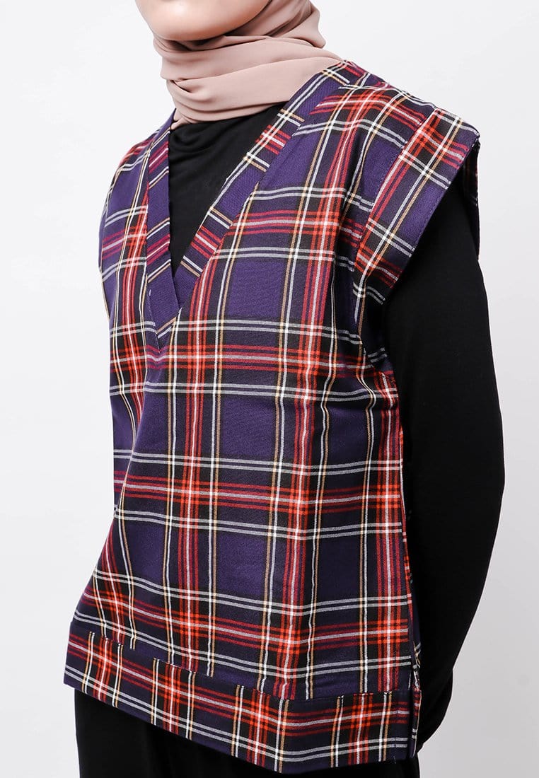 Nade Japan FTA71 Rompi Outer Wanita Vest Lucu Flanel Tartan Navy Merah Putih