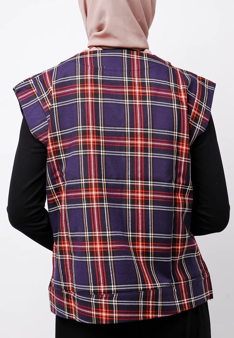 Nade Japan FTA71 Rompi Outer Wanita Vest Lucu Flanel Tartan Navy Merah Putih