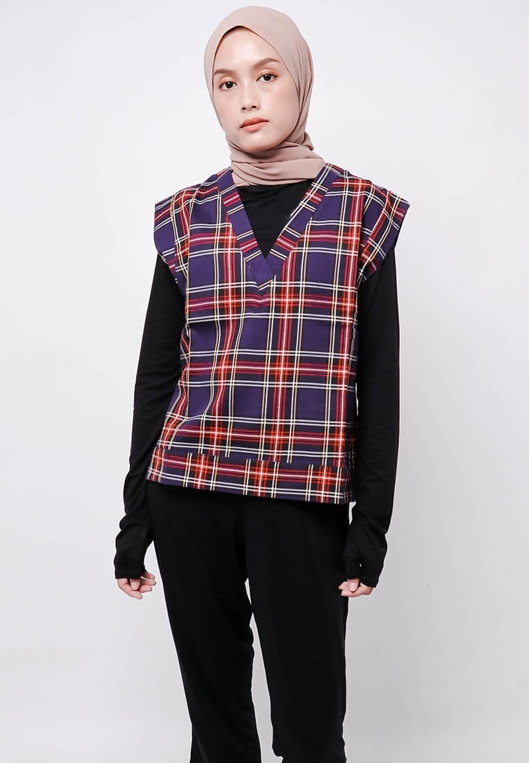 Nade Japan FTA71 Rompi Outer Wanita Vest Lucu Flanel Tartan Navy Merah Putih