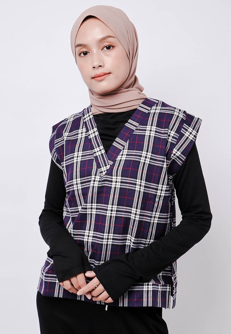 Nade Japan FTA72 Rompi Outer Wanita Vest Lucu Flanel Tartan Navy Putih Merah