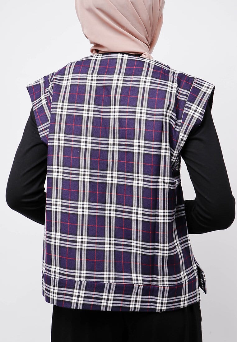 Nade Japan FTA72 Rompi Outer Wanita Vest Lucu Flanel Tartan Navy Putih Merah