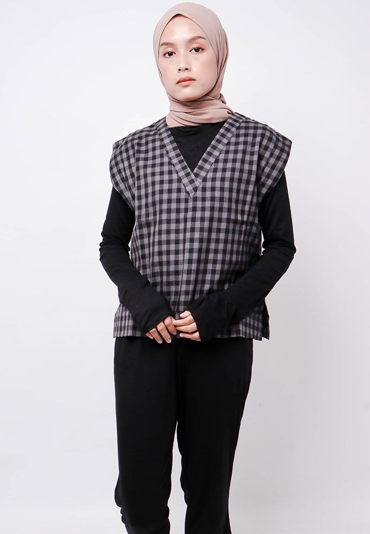 Nade Japan FTA73 Rompi Outer Wanita Vest Lucu Flanel Hitam Abu