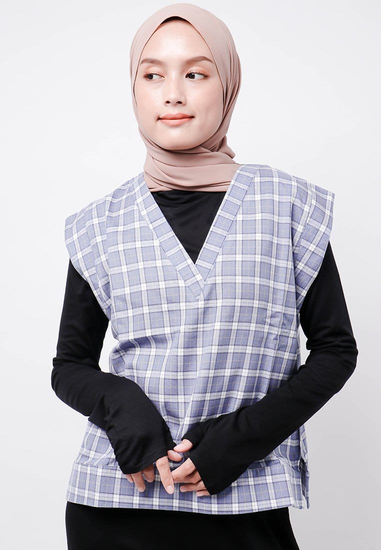 Nade Japan FTA76 Rompi Outer Wanita Vest Lucu Flanel Tartan Abu Putih Kuning