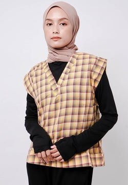 Nade Japan FTA77 Rompi Outer Wanita Vest Lucu Flanel Tartan Kuning Coklat