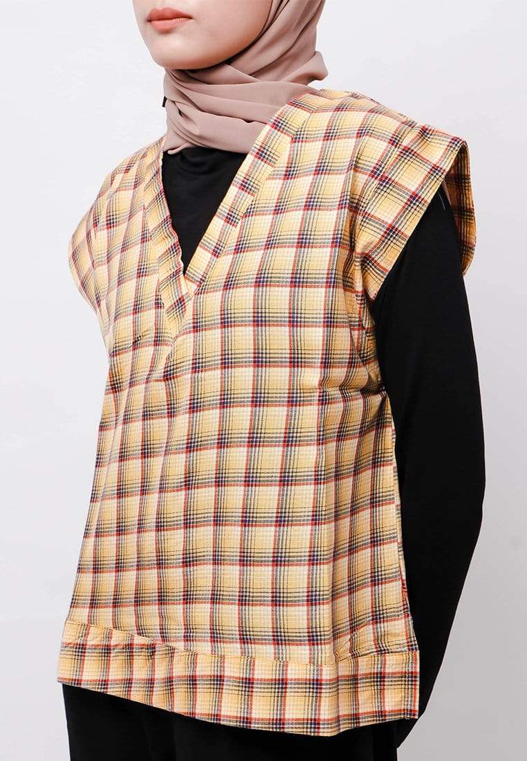 Nade Japan FTA77 Rompi Outer Wanita Vest Lucu Flanel Tartan Kuning Coklat