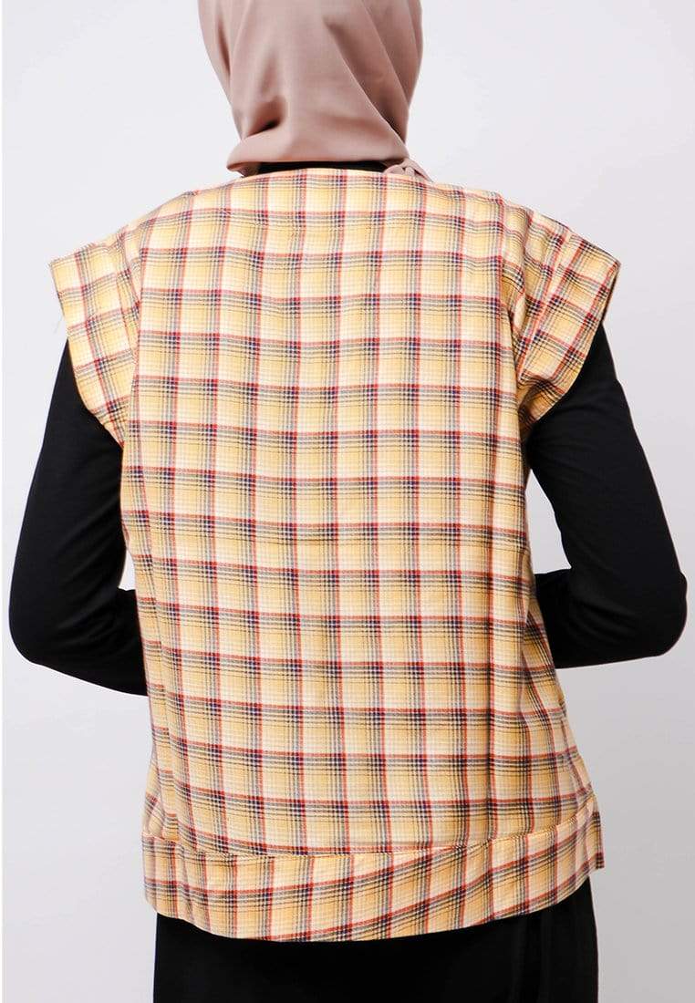 Nade Japan FTA77 Rompi Outer Wanita Vest Lucu Flanel Tartan Kuning Coklat