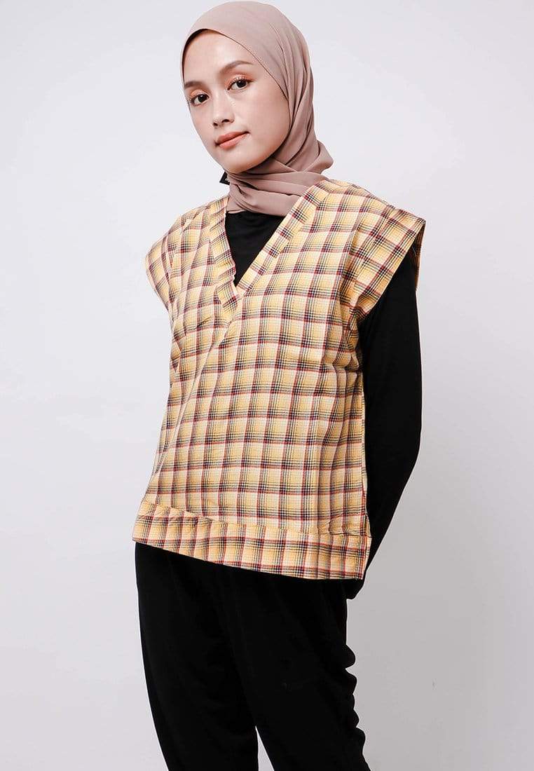 Nade Japan FTA77 Rompi Outer Wanita Vest Lucu Flanel Tartan Kuning Coklat