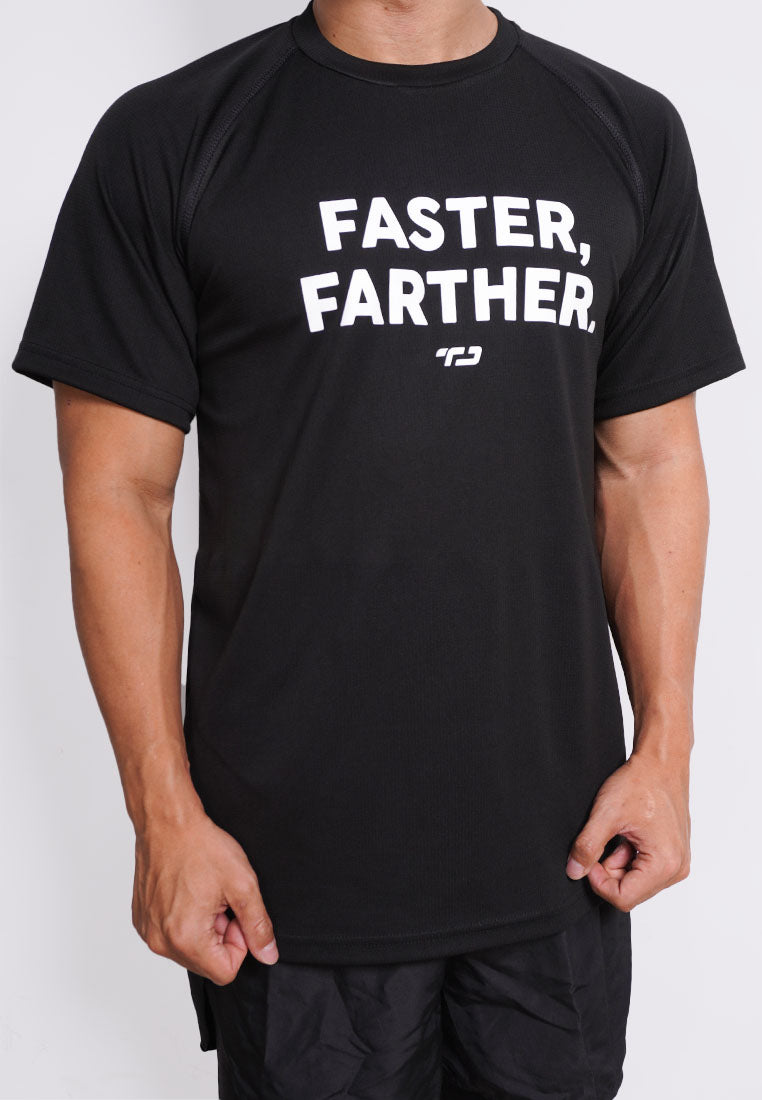 MS189 kaos olahraga tangan pendek pria lari running FASTER FARTHER hitam
