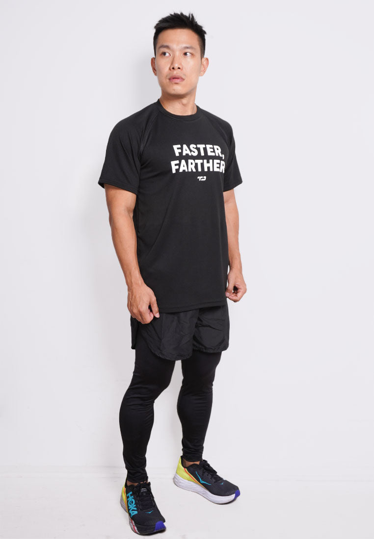 MS189 kaos olahraga tangan pendek pria lari running FASTER FARTHER hitam