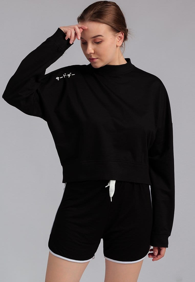 Thirdday LO014 Croptop Crewneck Sweater Katakana Hitam Ladies