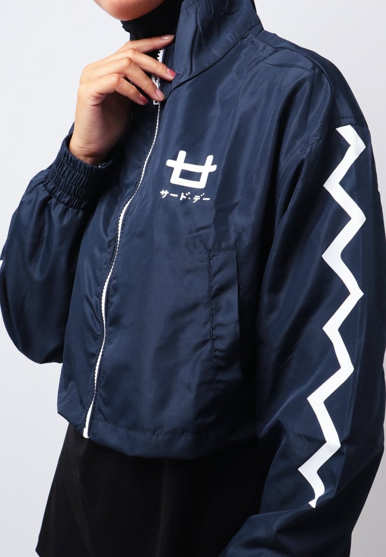 Third Day LO019 Jaket Sporty Parka Crop Wanita Parasit Zigzag Navy Putih