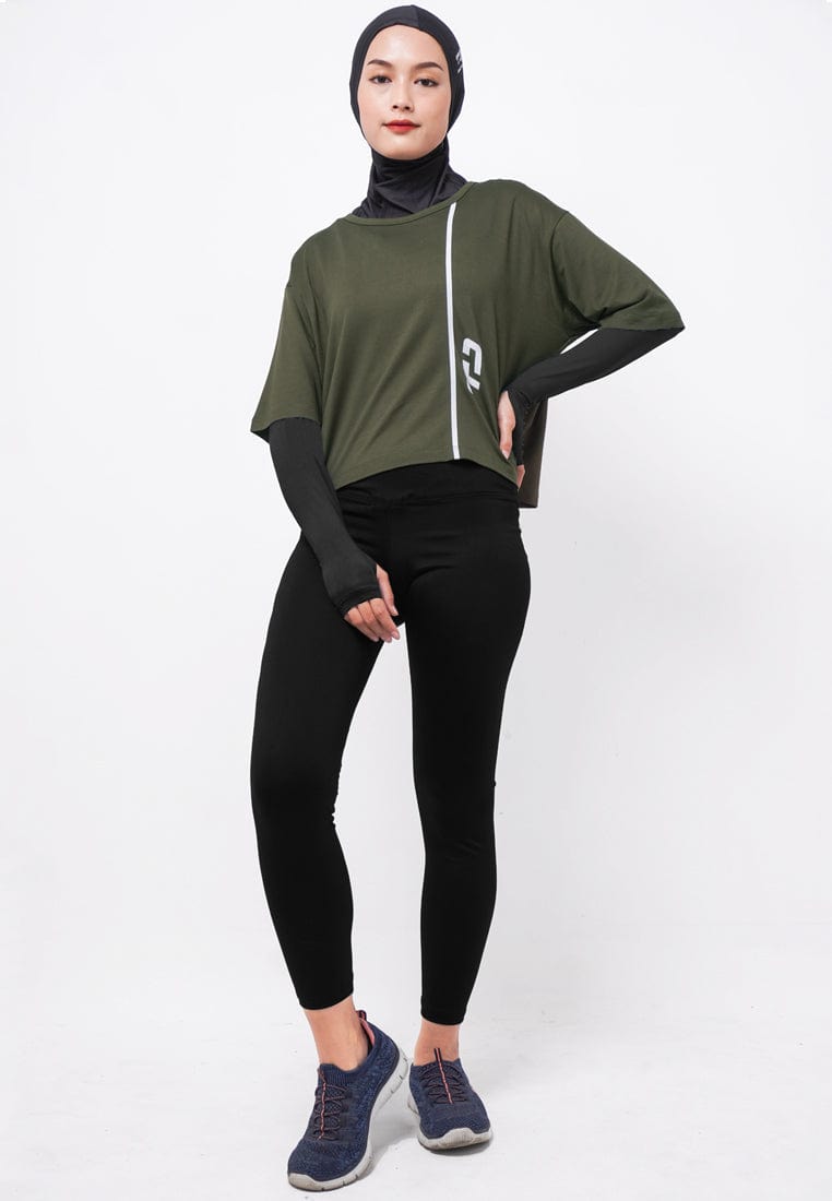 Td Active LSA37 Sport CL Crop Loose Wanita Logo Line Ver Hijau Army