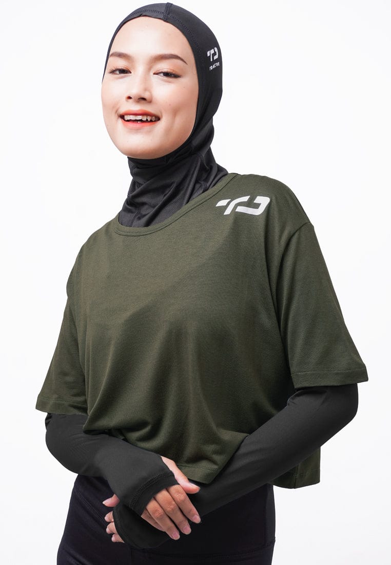 Td Active LSA38 Sport CL Crop Loose Wanita logo shoulder Hijau Army