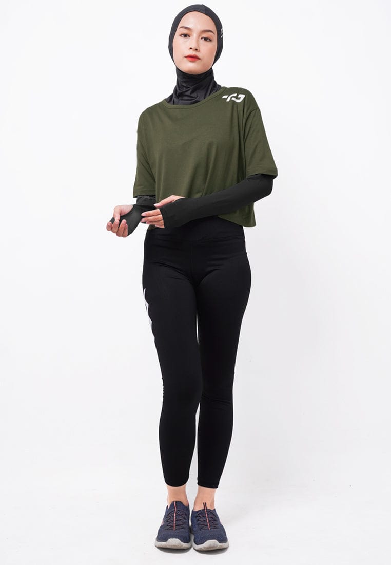 Td Active LSA38 Sport CL Crop Loose Wanita logo shoulder Hijau Army