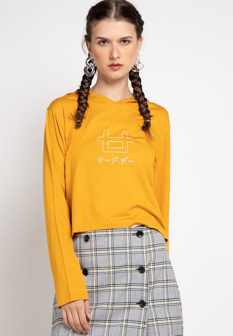 Third Day LTC29 Crop Top Hoodie Logo Outline Kuning Mustard Lengan Panjang