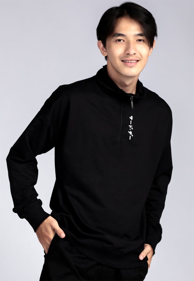 Third Day MOA16 Crewneck Sweater Pria Zipper Hitam Katakana