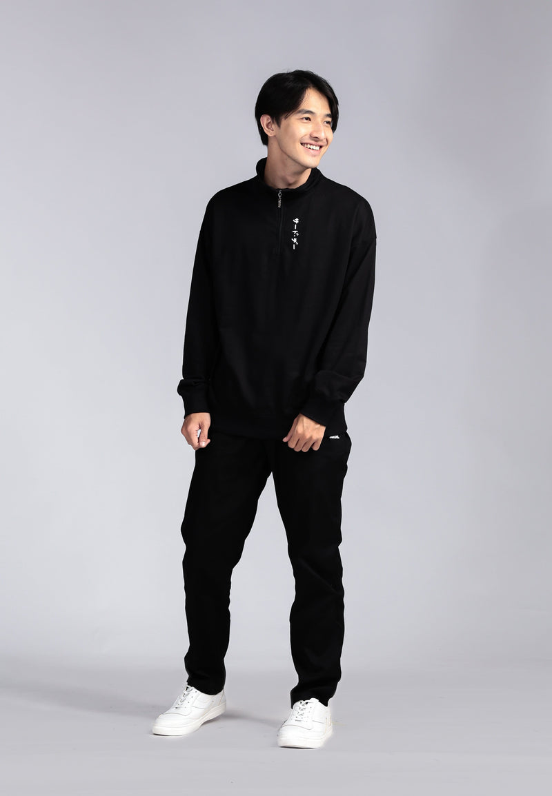 Third Day MOA16 Crewneck Sweater Pria Zipper Hitam Katakana