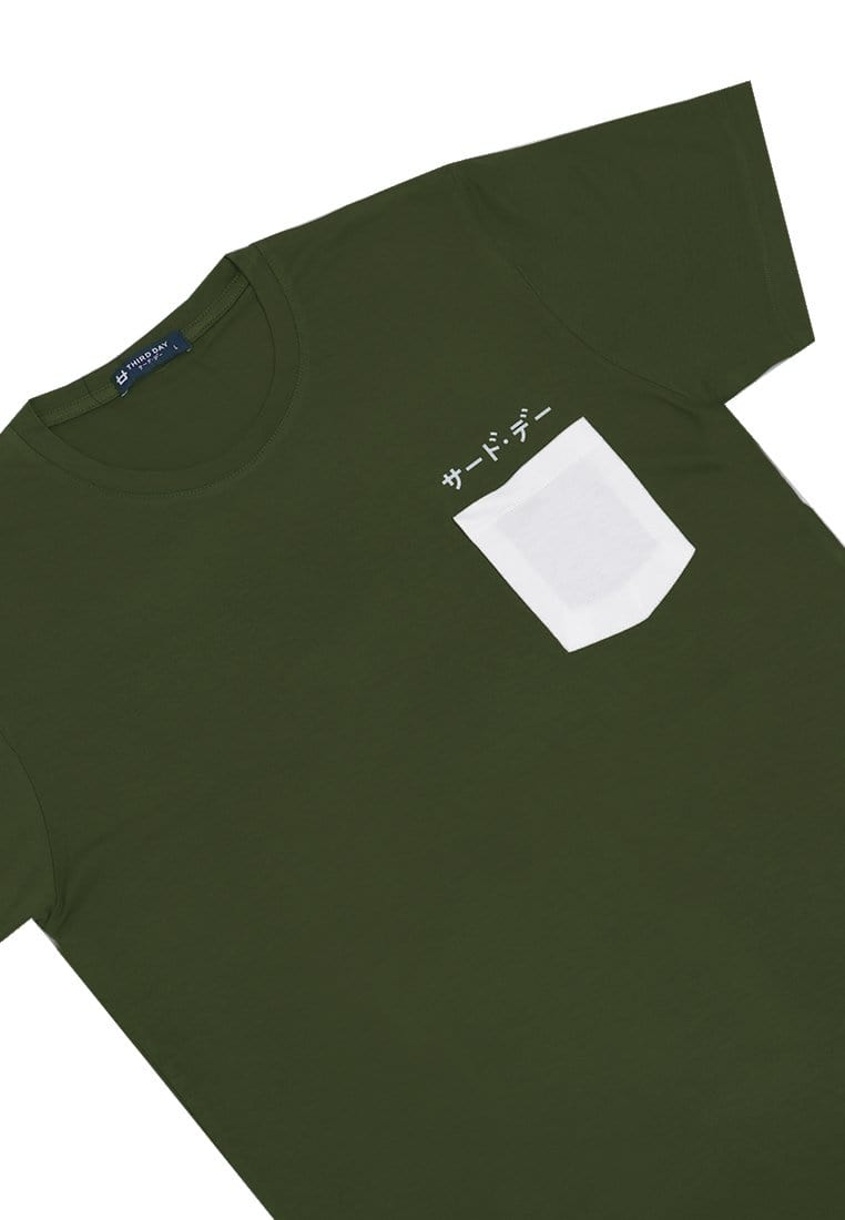 Third Day MTI91 Kaos Pocket Kantong Lengan Pendek Hijau Army Kantong Putih Katakana