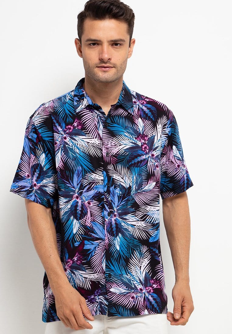 Nade Japan NTA11 Kemeja Pria Kemeja Kasual Motif Tropical Biru Ungu