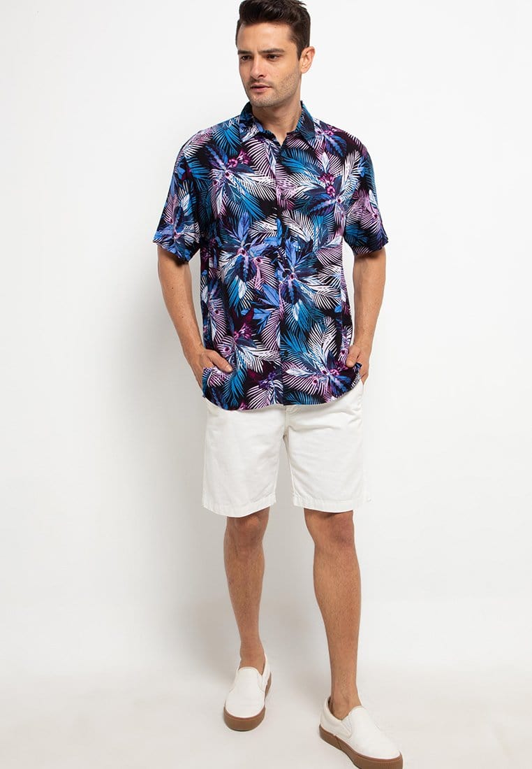 Nade Japan NTA11 Kemeja Pria Kemeja Kasual Motif Tropical Biru Ungu