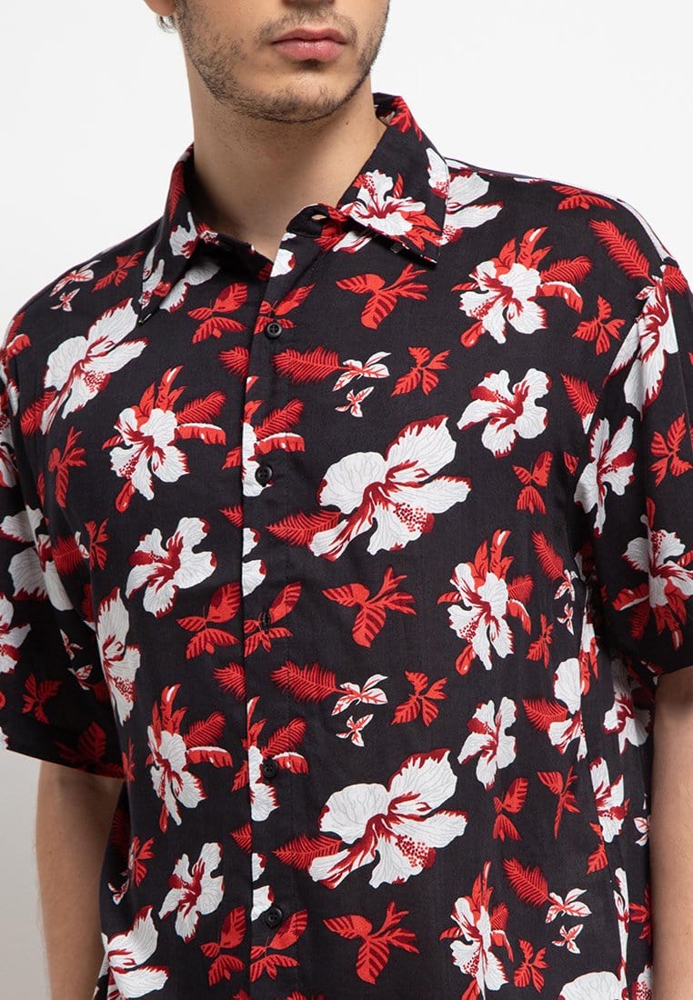 Nade Japan NTA46 Kemeja pantai kasual pria Motif Hibiscus Hitam