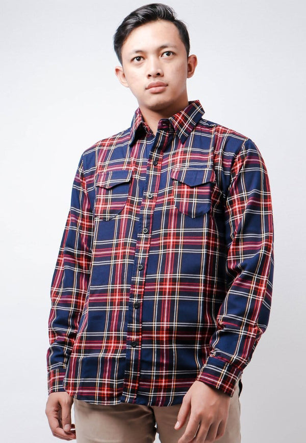 Nade Japan NTB24 Kemeja Flanel Pria Lengan Panjang Tartan Navy Merah Putih