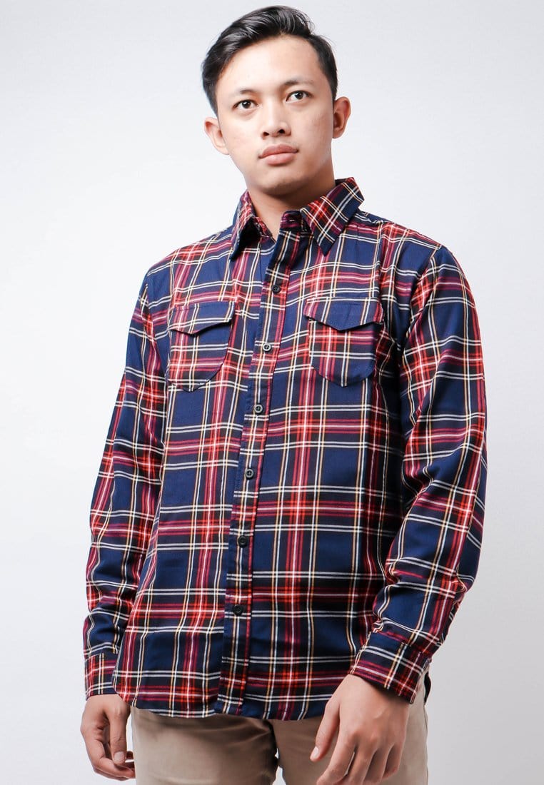 Nade Japan NTB24 Kemeja Flanel Pria Lengan Panjang Tartan Navy Merah Putih