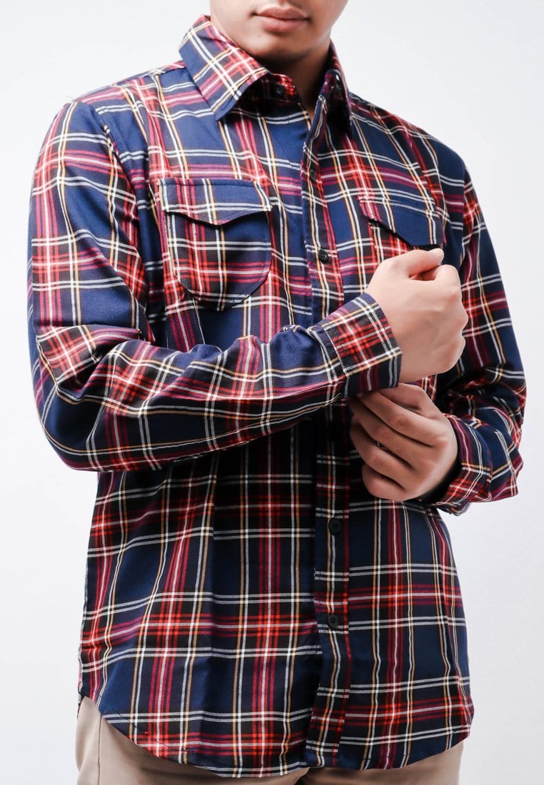 Nade Japan NTB24 Kemeja Flanel Pria Lengan Panjang Tartan Navy Merah Putih