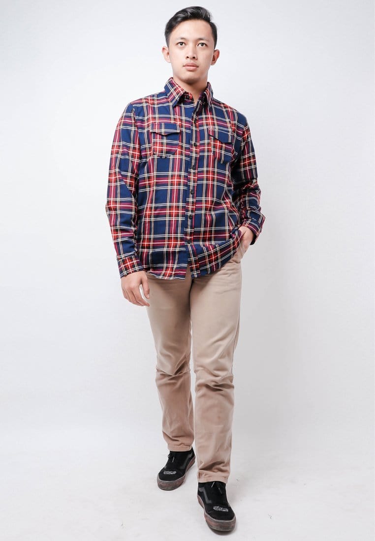 Nade Japan NTB24 Kemeja Flanel Pria Lengan Panjang Tartan Navy Merah Putih