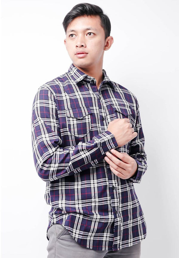 Nade  NTB25 Kemeja Flanel Pria Lengan Panjang Tartan Navy Putih Merah