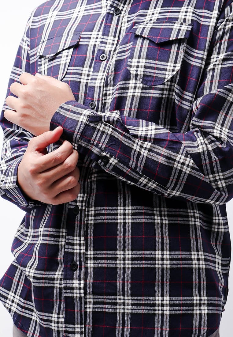 Nade  NTB25 Kemeja Flanel Pria Lengan Panjang Tartan Navy Putih Merah